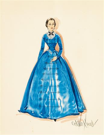 EDITH HEAD. Costume design for Olivia de Havilland as Catherine Sloper in The Heiress. Blue satin gown.